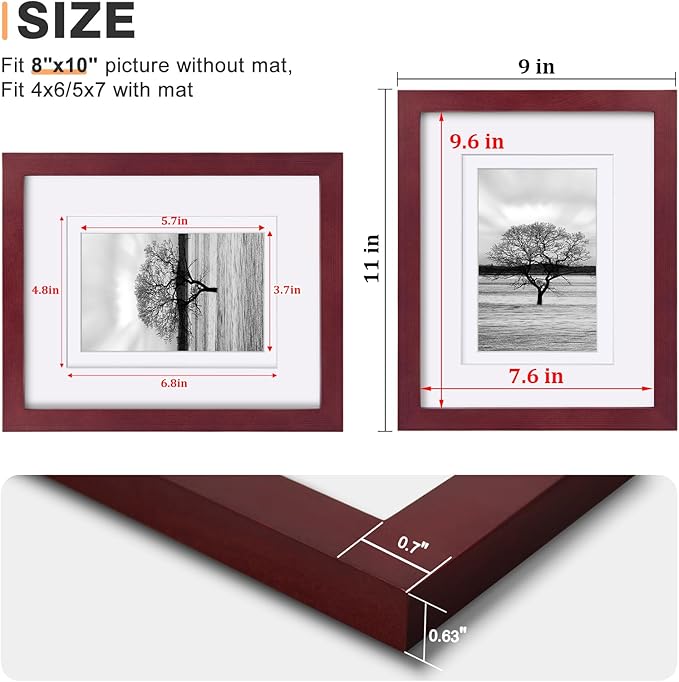 Egofine 8x10 Picture Frame Made of Solid Wood, Covered by Plexiglass for Pictures 4x6 or 5x7 with Mat or 8x10 Without Mat, Photo Frame for Table Top and Wall Display, Cherry Red