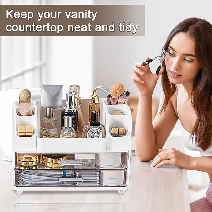 DASITON Large Capacity Makeup Organizer for Vanity with 2 Drawers, Skincare Organizers with Makeup Brush Holder, Cosmetic Display Case for Dresser Vanity Bathroom Countertop (White)