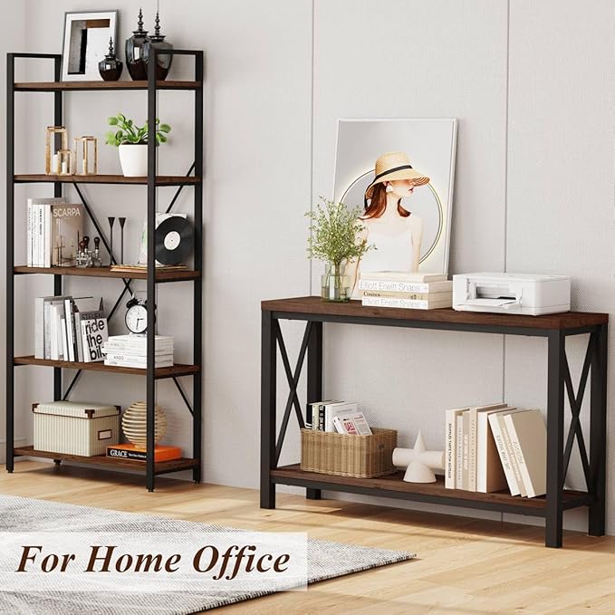 BON AUGURE 2 Tier Console Table for Entryway, Metal Wood Sofa Table Behind Couch for Living Room, Industrial Entry Tables for Hallway, Foyer, Front Door, Entrance (Rustic Oak, 47 Inch)