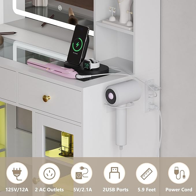 Vanity Desk with Mirror and Lights, White Makeup Vanity with Glass Top & Drawers, 3 Lighting Modes, Power Outlet, RGB Glass Cabinets, Modern Dressing Table for Bedroom, Girls, Women, Teens