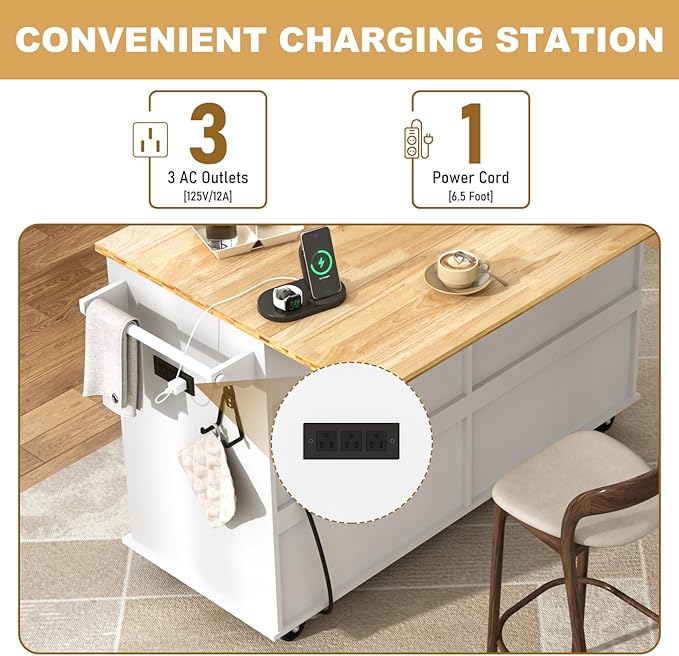 59" W Rolling Kitchen Island with Drop Leaf – Movable Kitchen Carts on Wheels Island with Storage Cabinet, Island Table for Kitchen with Rubber Wood Top and Rack and Drawers, Matte, White