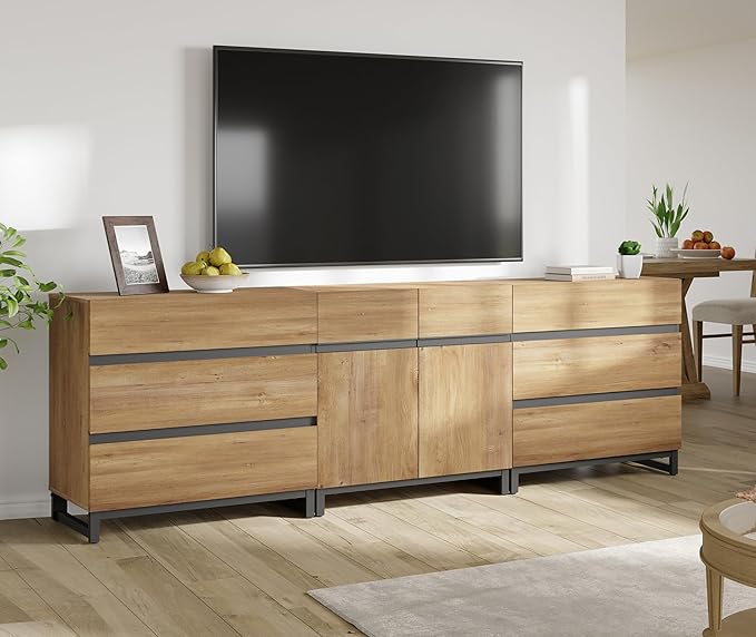WAMPAT Modern TV Stand for TVs up to 100 Inch, 3-in-1 TV Console with Adjustable Shelves and 6 Drawers, Media Console for Living Room and Bedroom, Oak