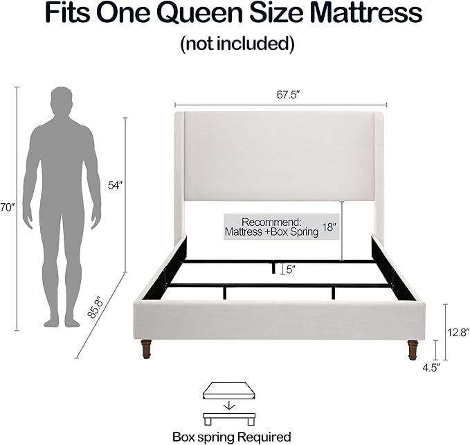 GDFStudio Tall Headboard Upholstered Bed,Queen Size Platform Bed Frame with Chenille Wingback Headboard, Without Wooden Slats,Box Spring Required,Easy Assembly,Elegant Simplicity 54" High Ivory