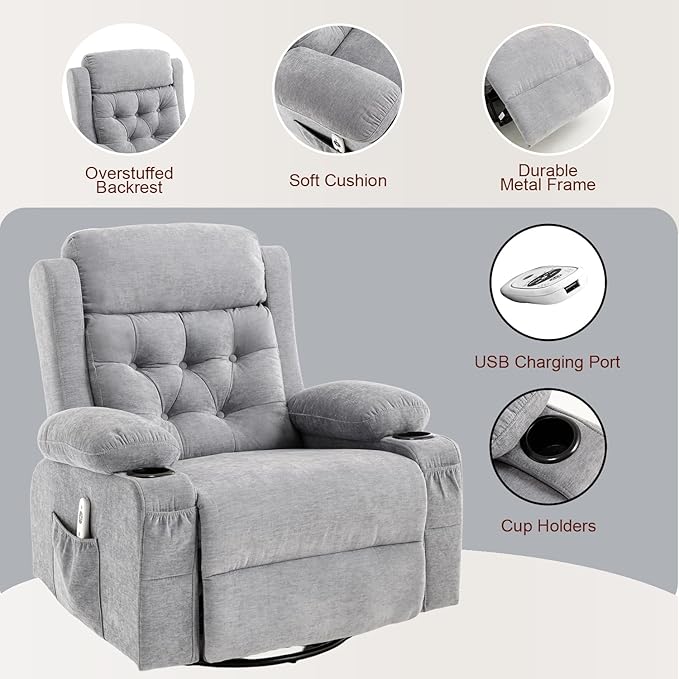 Overstuffed Rocker Recliner Chair with Massage and Heat, Mid Century Ergonomic Rocking Swivel Recliners Lounge Chair for Living Room, Manual Recliner Sofa Chairs with 2 Cup Holders, USB