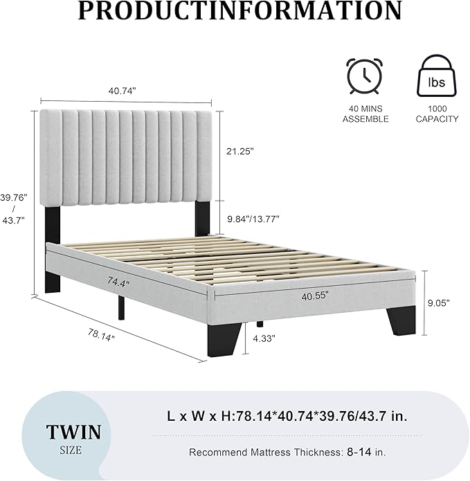 Twin Size Bed Frame, Fabric Upholstered Platform Bed with Adjustable Headboard, Sturdy Frame and Wooden Slats, Noiseless, No Box Spring Required, Easy to Assemble, Light Grey