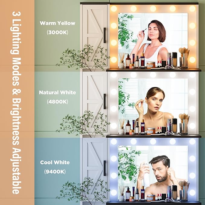 Likein Vanity Desk with Mirror and Lights, Makeup Vanity Set with 4 Drawers & Storage Cabinet, Power Outlet, White Vanity Dressing Table with 3 Lighting Modes Adjustable for Girl Bedroom