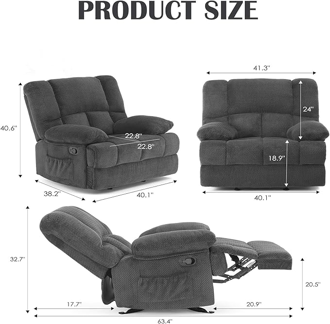 Oversized Rocker Recliner Chair, Wide Rocker Chair with Adjustable Backrest Footrest, Oversized Recliner for Adults, Cashmere Reclining Sofa for Living Room, Grey