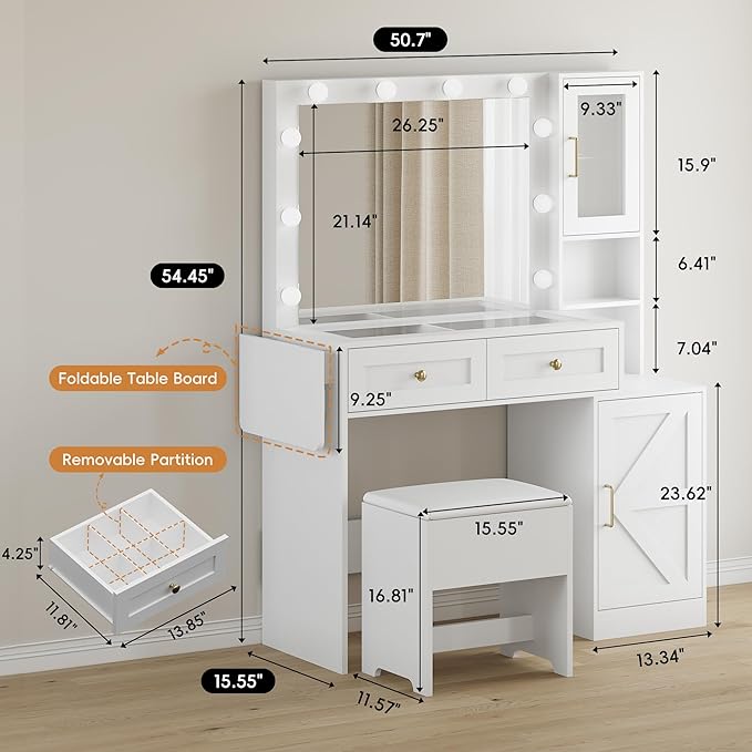 Makeup Vanity Desk with Mirror and Lights, White Vanity Table with LED Lighted Mirror & Power Outlet, Dressing Table with Chair, Large Storage Drawer & Cabinet, and Foldable Panel for Girls’ Bedroom