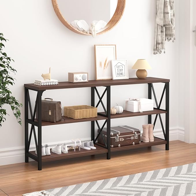 IBF Rustic Console Table, Industrial Wood and Metal Sofa Table, Hallway Entry Table for Home Living Room, Barnwood Foyer Accent Entryway Table with Retro Vintage Storage Shelf, Walnut, 55 Inch