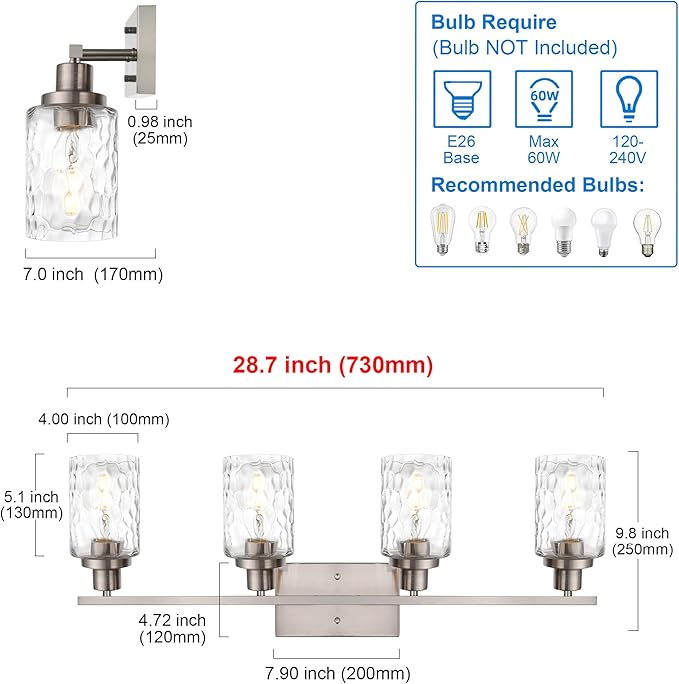 MELUCEE 4-Light Wall Light Fixtures Brushed Nickel Bathroom Vanity Light with Clear Hammered Glass Shade, Modern Wall Lamp for Powder Room Bedroom Porch (Patent No.: US D963914 S)
