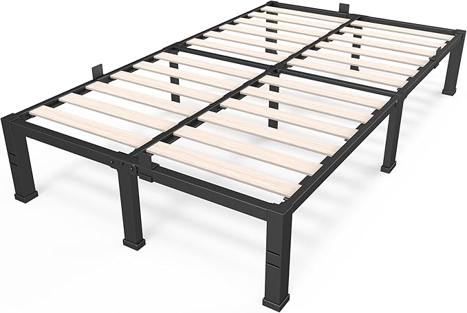 ROIL 18 inch Queen Size Bed Frame with Wood Slats - 3500lbs Heavy Duty No Box Spring Needed Platform, Mattress Stoppers Double Metal Noise Free Bedframe with Headboard Hole