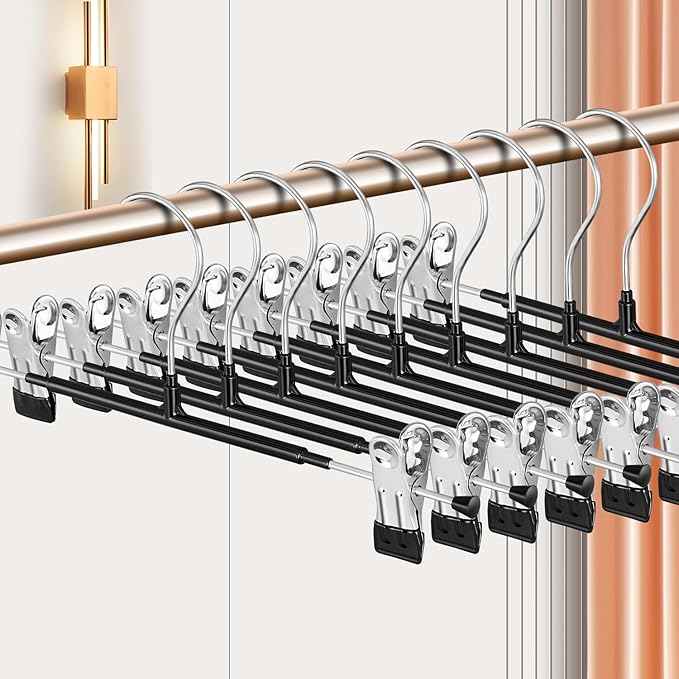 10 Pack 14Inch Heavy Duty Pants Skirt Hangers with Clips,Metal Trousers Hanger for Jeans Black Non Slip Women Shorts Hangers Saving Space Clothing Hanger for Adult,Men,Children,Kid,Baby