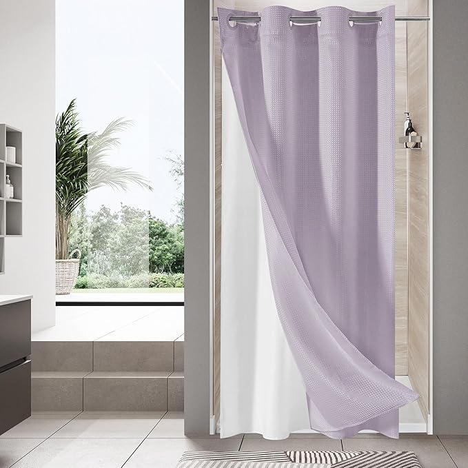 MitoVilla Purple Waffle Small Stall Shower Curtain 36 x 74, No Hooks Required Half Size Narrow Fabric Cloth Shower Curtain Set with Snap-in Liner for Modern Bathroom Decor, Lavender