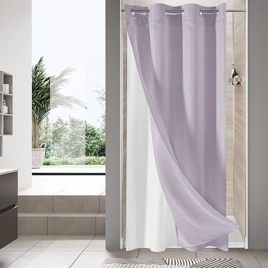 MitoVilla Purple Waffle Small Stall Shower Curtain 36 x 74, No Hooks Required Half Size Narrow Fabric Cloth Shower Curtain Set with Snap-in Liner for Modern Bathroom Decor, Lavender