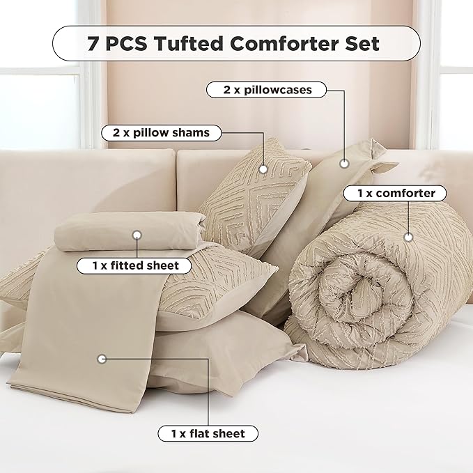 Andency California King Comforter Set Khaki - 7 Pieces Bed in a Bag Cal King Bedding Comforter Sets, Tufted Lightweight Fluffy Bed Set with Comforter, Sheets, Pillowcases & Shams