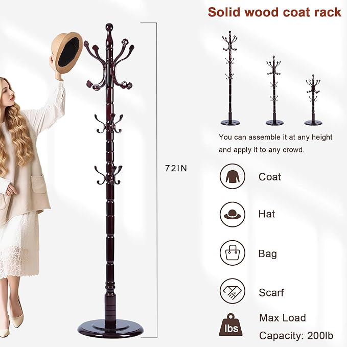 Coat Racks Freestanding, Natural Wood Coat Stands with 14 Hooks, 73" Heavy Duty Adjustable Height Vintage Hall Tree for Entryway, Bedroom, Office, Easy Assembly (Rosewood Ruyi hook)