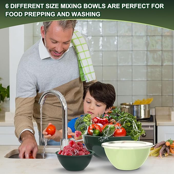 6-Piece Plastic Mixing Bowl Set with Lids for Kitchen, Nesting Storage Bowls for Baking, Prepping,Cooking and Serving Food, Dishwasher, Microwave Safe,Great for Mixing & Serving (6 Set-Green)