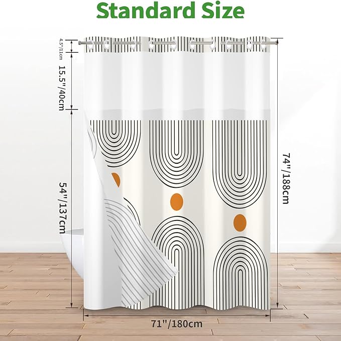 No Hook Shower Curtain with Snap in Liner, Ivory Boho Mid Century Modern Arch Heavy Duty See Through Window Waterproof Machine Washable Bathroom Curtain 71" W x 74" L, Ivory