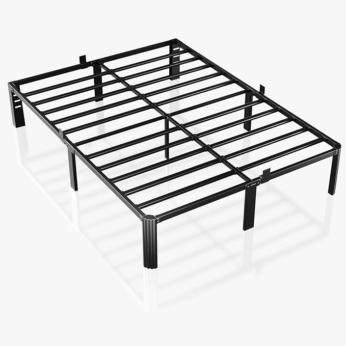 14 inch Metal Queen Bed Frame with Rounded Corner and Headboard Hole Mattress Retainers 3500LBS Heavy Duty Steel Slats No Box Spring Needed Platform Noise-Free Easy Assembly Queen Bed Frames