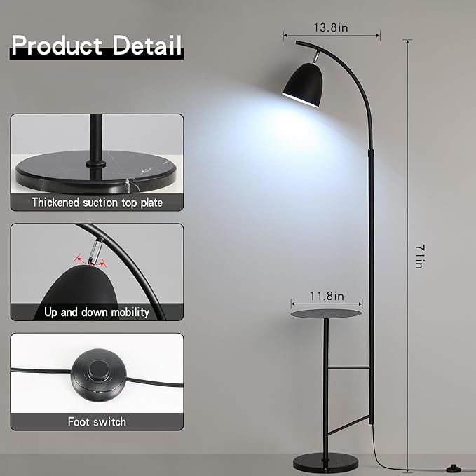 O'NEELDY Floor Lamp with Table Black Floor Lamp Modern Floor Lamp Bedroom with Table Attached Modern Dimmable Lamps for Living Room 71" Height Standing Lamps for Office Reading Room,E26 Bulb Included