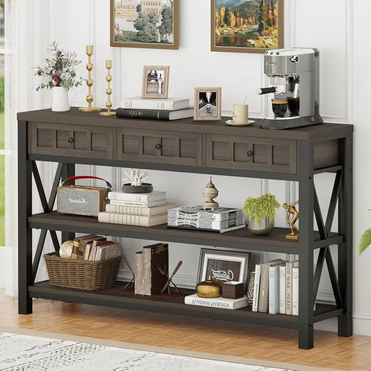 FATORRI Console Table with Storage for Entryway, Rustic Sofa Table with 3 Drawers for Living Room, Farmhouse Hallway Tables and Couch Tables Behind Sofa (54.72 Inch Long, Walnut Brown)