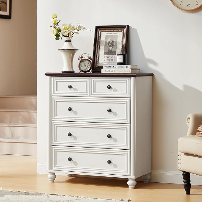 Farmhouse 5 Drawer Dresser for Bedroom Set of 2, 35.5" Tall Small Dressers & Chest of Drawers, Rustic Wood Dresser with Roman Column, Storage Organizer for Living Room, Hallway, Closet (White)