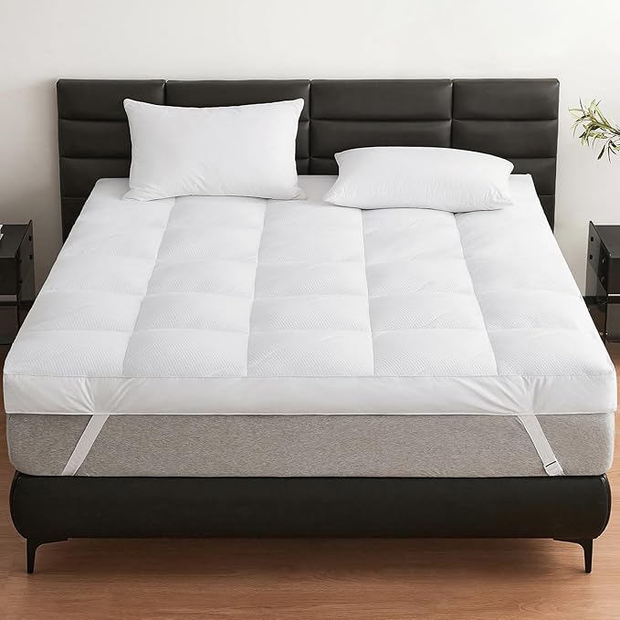 Dual Layer 5 Inch Goose Feather Mattress Topper Full Size, 4 Inch Goose Feather Plus 1 Inch Down Alternative Pillow Top, Medium Firm Featherbed with Adjustable Straps(54"x75", Wavy)