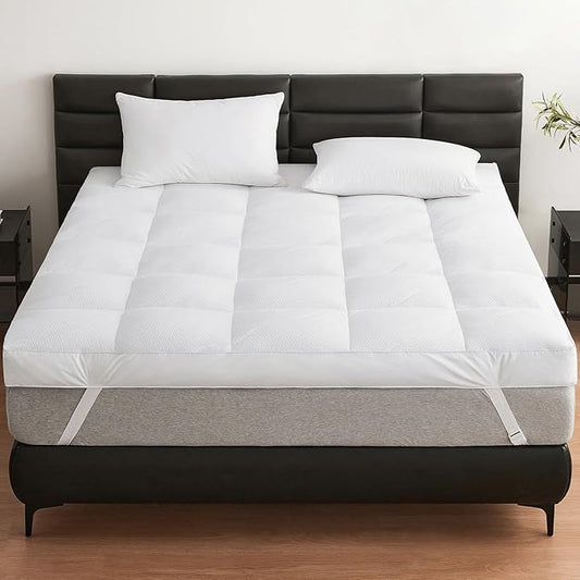 Dual Layer 5 Inch Goose Feather Mattress Topper Queen Size, 4 Inch Goose Feather Plus 1 Inch Down Alternative Pillow Top, Medium Firm Featherbed with Adjustable Straps(60"x80", Wavy)