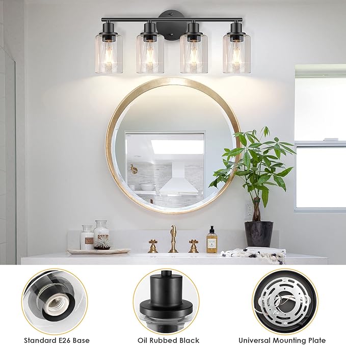 FOLKSMATE Bathroom Light Fixtures, 4 Light Matte Black Vanity Light, Vintage Wall Sconces Lighting, Modern Bath Wall Mounted Lights with Glass Shade