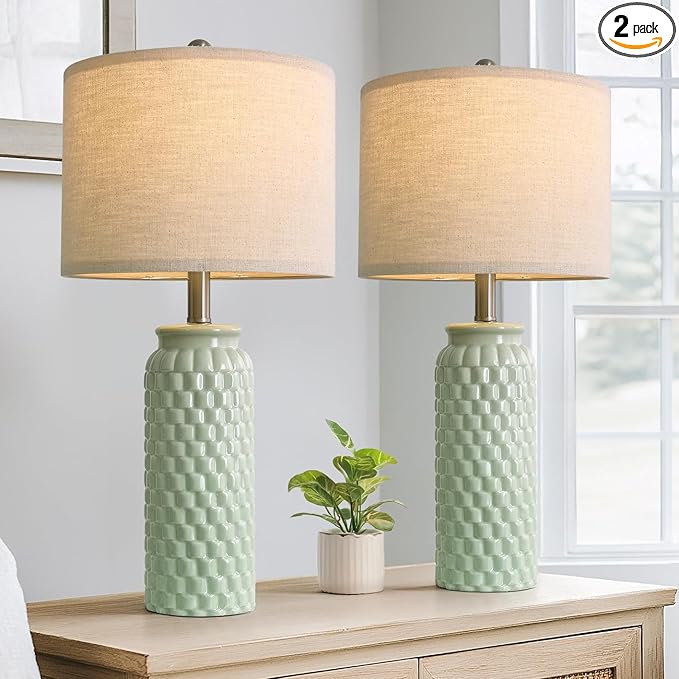 24" Modern Ceramic Green Bedside Lamp Set of 2 Table Lamp for Bedroom Decor Farmhouse Table Lamp for Living Room Office Dorm