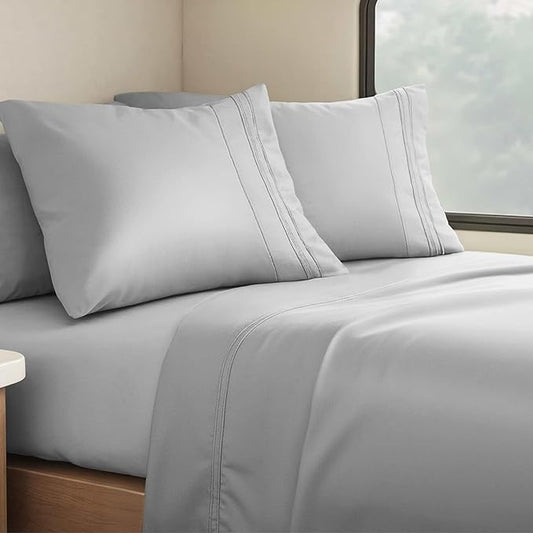 Clara Clark Bed Sheets, Premier 1800 Series 4 Piece RV Queen Sheet Set, Luxury Soft Sheets for RV Bunks, Short Queen - Silver Gray