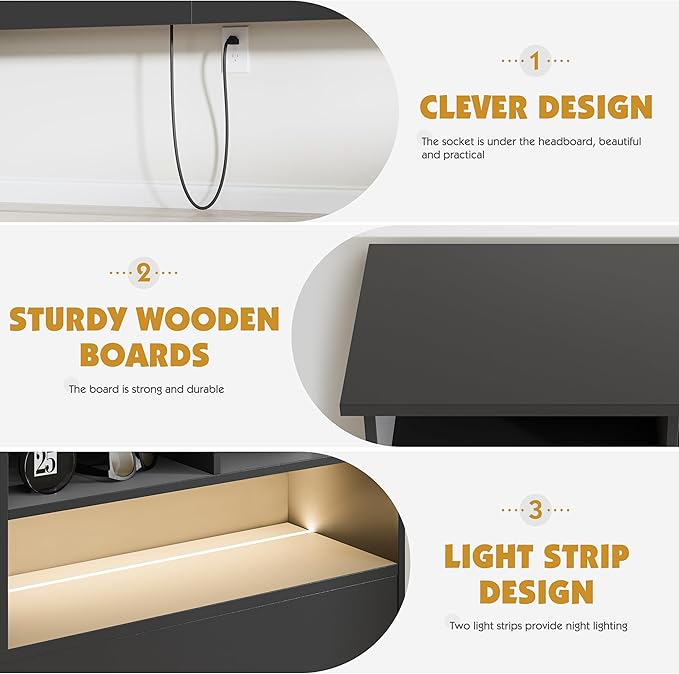 King Size Headboard only for Bedroom, Stylish King Bookcase Headboard with Built-in Charging Station & 2 LED Lights, Noise-Free Wood HeadBoard with Storage, Bookshelf Headboards Black