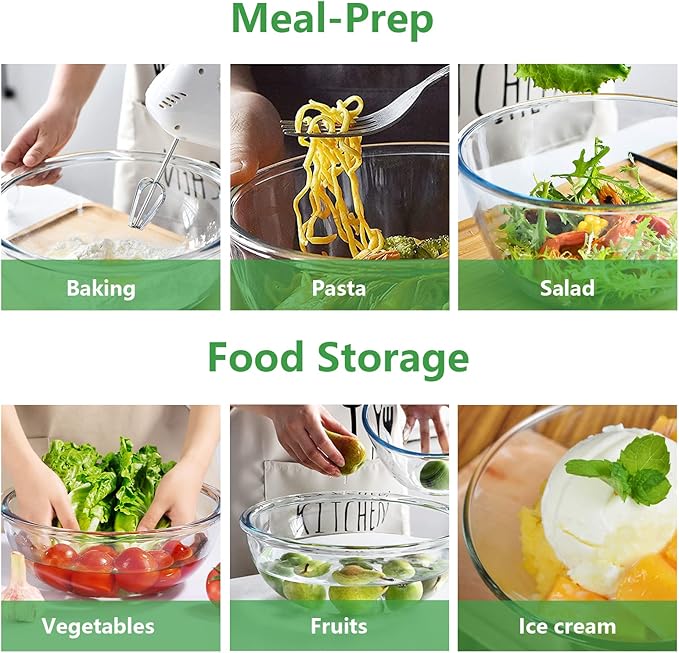 WhiteRhino Glass Mixing Bowl with Lids Set of 4,(1,1.5,2.5,3.7) Large Salad Bowl,Space-Saving Stacking Bowl for Kitchen Food Storage,Glass bowl for Cooking,Baking