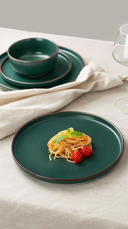 Famiware Mercury Plates and Bowls Sets, 12 Pieces Stoneware Dinnerware Sets, Dishes Set for 4, Microwave and Dishwasher Safe, Dark Green