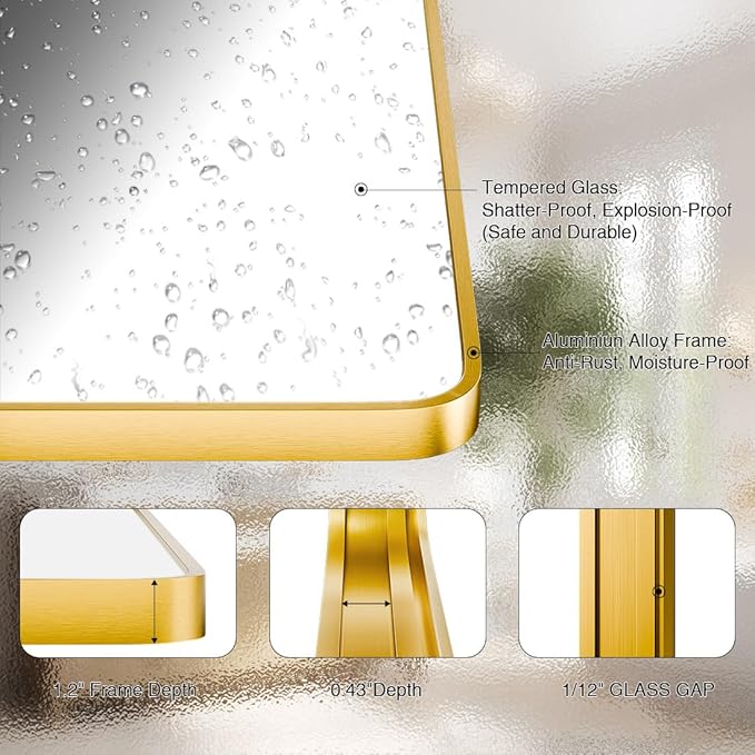 Bathroom Mirror 36" X 24" Wall Mount Dresser Metal Frame Rounded Rectangular Mirror Over Sink Vanity Hungs Horizontally Or Vertically for Bedroom, Entryway, Living Room,Gold