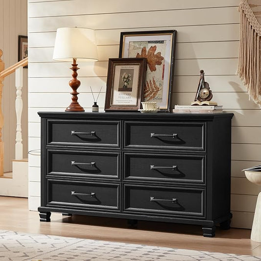 Farmhouse 6 Drawer Dresser for Bedroom, 54 inch Wide Rustic Vintage Chest of Drawers with Square Solid Wood Legs, Large TV Stand for Living Room, Wooden Storage Dressers for Hallway, Black
