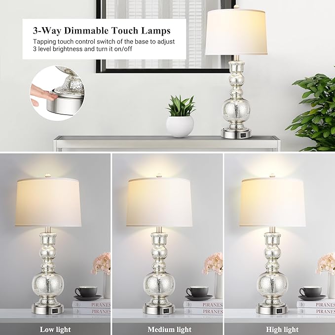 Hamucd 3-Way Dimmable Touch Control Clear Grey Glass Table Lamps Set of 2 with USB A+C for Modern Comtemporary Bedroom Nightstand Living Room Decor(Bulbs Included) (Mercury Silver)