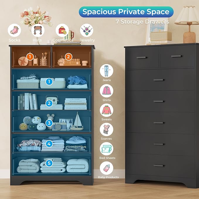 DICTAC Black Dresser for Bedroom with 7 Drawers, 55.7" Tall Dressers Chest of Drawers, Modern Large Wood Storage Dresser Organizer with Metal Handle, Vertical Dressers for Bedroom Living Room Nursery