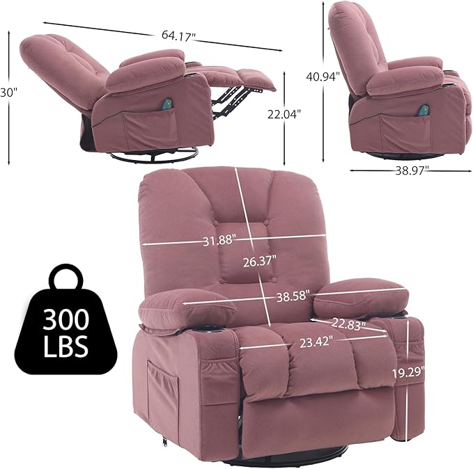 Recliner Chairs for Adults, Pink Rocker Recliners with Massage and Heat, Overstuffed Fabric Swivel Glider with Cup Holder Side Pocket, Manual Reclining Single Sofa Chair for Living Room