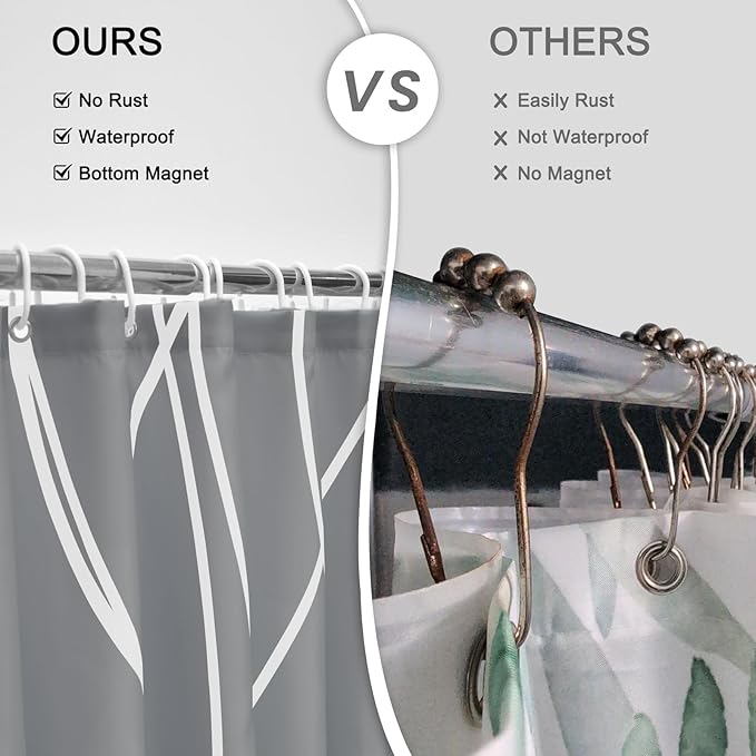 Punkray Dark Grey Shower Curtain for Bathroom with Hooks Shower Curtain Set, White Stripe Bath Curtains Decorative Shower Curtains Water Repellent Washable, 72 x 72