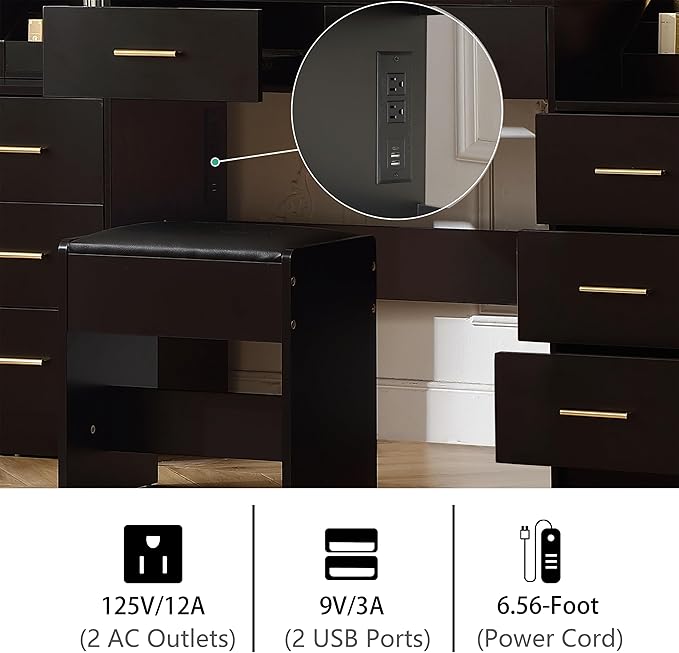 Extra Large Vanity with Folding Up Mirror and Lights,58.3'' Makeup Vanity Desk with Mirror and Lights,Outlet, Chair and Two Makeup Organizers,Dressing Table for Bedroom,Black