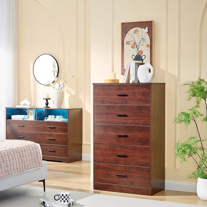 LIDYUK Dark Cherry Dresser for Bedroom, 5 Drawer Dressers & Chests of Drawers, Modern Wood Dresser, 47 Inches Tall Chest of Drawers for Bedroom, Hallway, Living Room