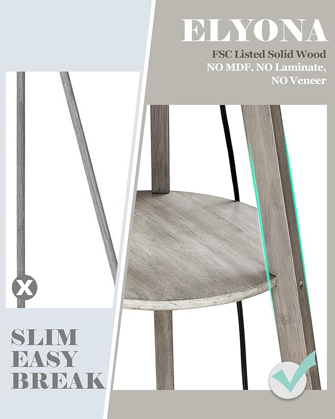 ELYONA Tripod Floor Lamp with 3 Color Temperatures LED Blub, Wood Floor Lamp with Table - Farmhouse Tall Reading Standing Light for Living Room, Bedroom, Office, Study Room, Pull Chain Controls, Grey