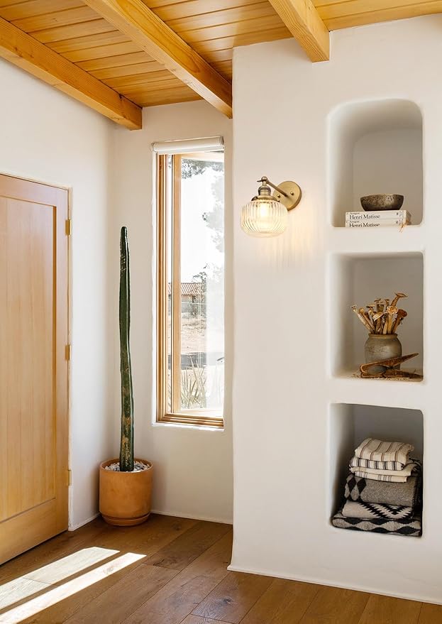 Industrial Vintage Wall Sconce 1-Light with Clear Striped Glass Globe Shade Indoor Wall Mounted Lamp Fixture (Antique)