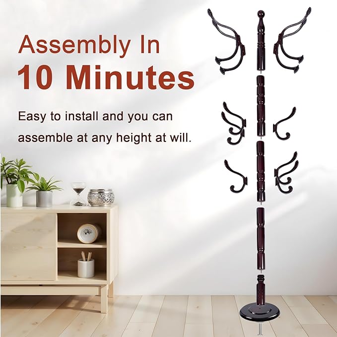 Coat Racks Freestanding, Natural Wood Coat Stands with 14 Hooks, 73" Heavy Duty Adjustable Height Vintage Hall Tree for Entryway, Bedroom, Office, Easy Assembly (Rosewood Ruyi hook)