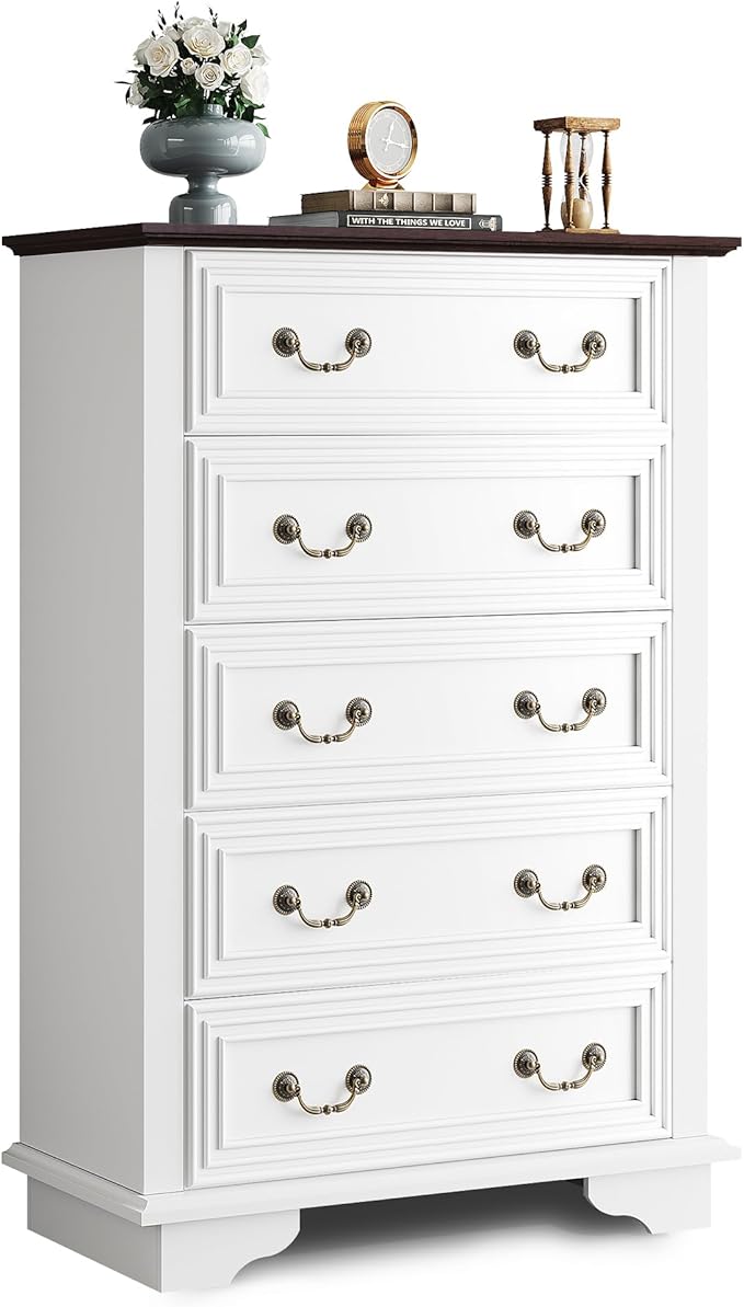 WLIVE Farmhouse Dresser for Bedroom, Wood Dresser with 5 Drawer, Chest of Drawers with Roman Metal Handle for Living Room, White