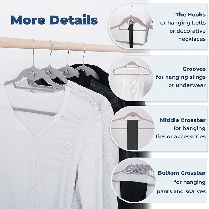 Grey Velvet Hangers 50 Pack, Felt Covered Non Slip Fabric with Stackable Cascading Hook, Ultra Thin and Space Saving with 360° Swivel Neck, 15Lbs Capacity for Clothes, Suit, Shirt, Coat