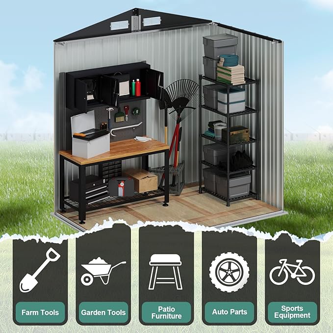 6x4 FT Outdoor Storage Shed with Lockable Double Doors & Loping Roof, Outdoor Metal Shed for Bike, Tool, Generator Storage in Backyard, Patio (6’x4’)