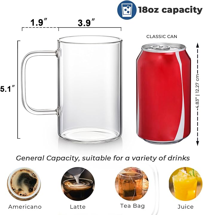 Aquach 4pcs 18 oz Clear Glass Coffee Mugs with Handle - Large Cups for Coffee, Tea, Latte, Cappuccino