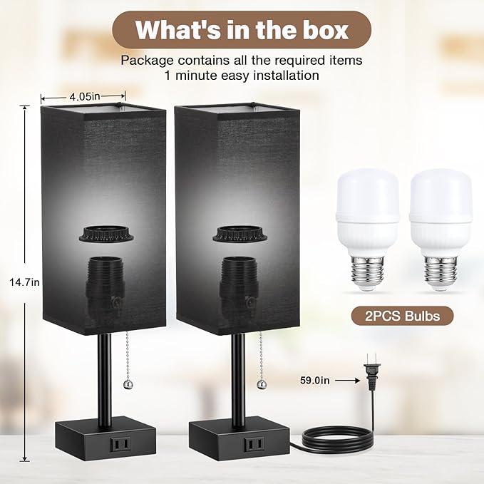 Black Table Lamps for Bedroom Set of 2 - Nightstand Lamp with AC Outlet Charging Port, 3 Color Temperatures Desk Light with Bulb, Small Tabletop Reading Lamp for Living Room/Dorm/Office